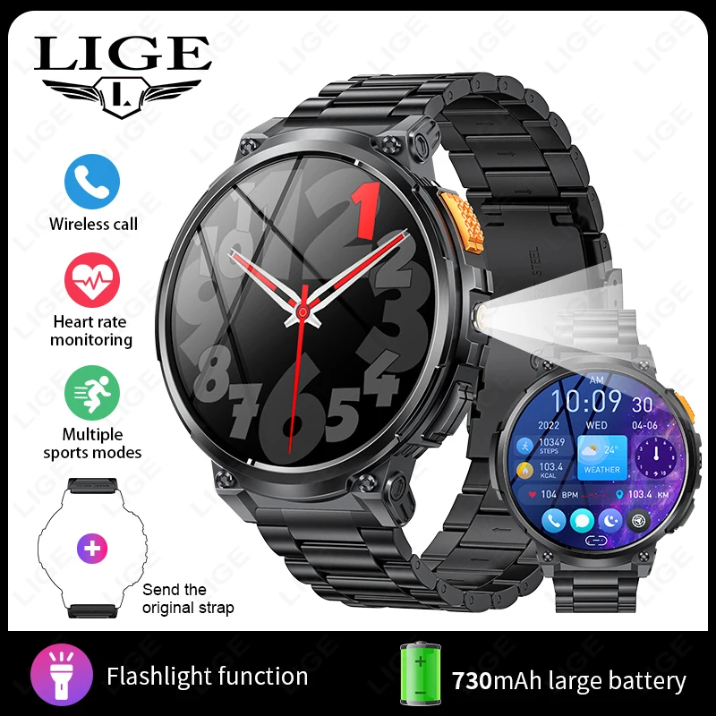 Smartwatch com Lanterna, Chamadas Bluetooth, Tela de 1,85 Polegadas e Bateria de 730mah. MDUG (preto, Pulseira de Aço)