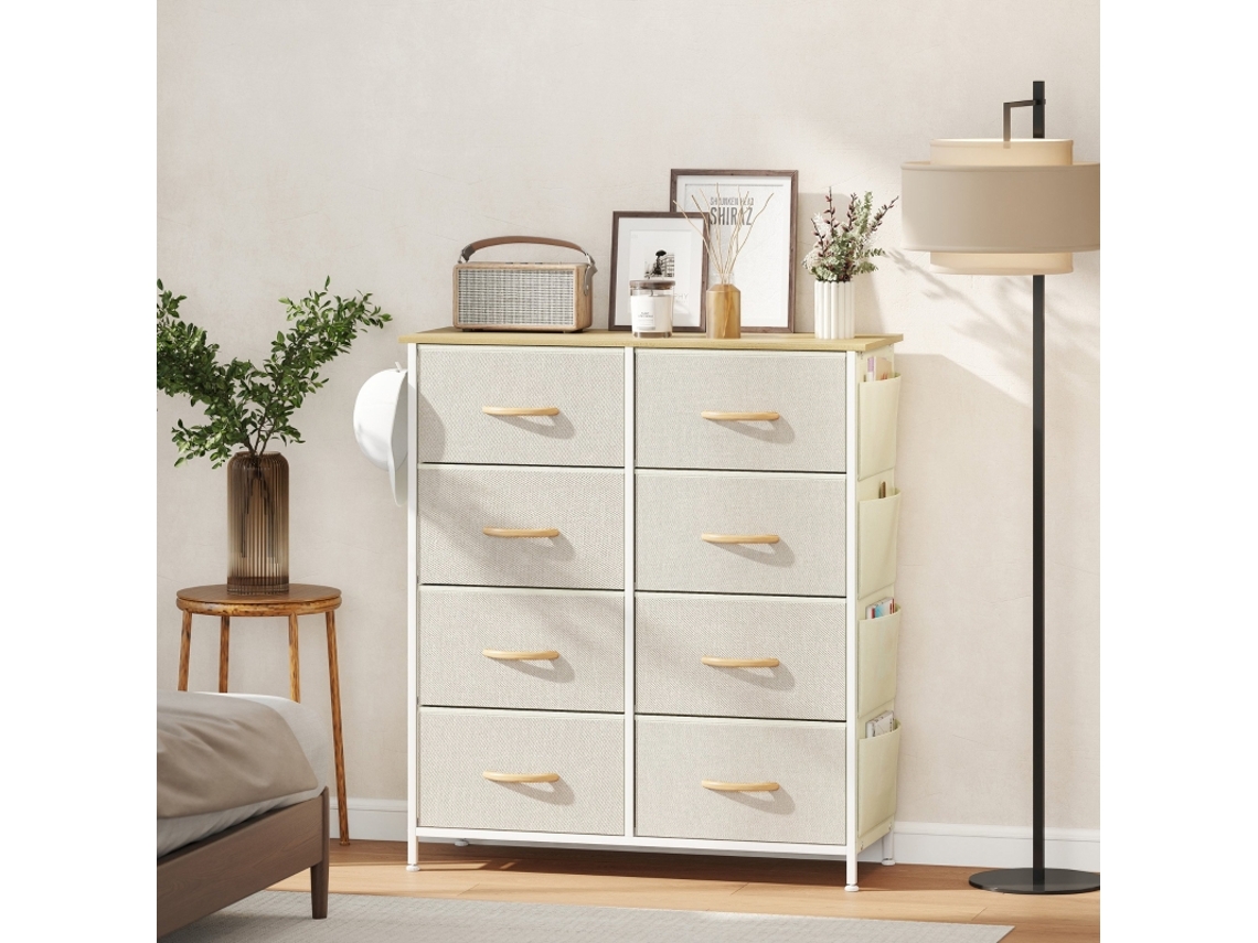 Cômoda De Quarto Com 8 Gavetas De Tecido,estrutura De Aço,superfície De Madeira,4 Bolsas De Armazenamento E 2 Ganchos Bege Mega Echo Trade Shop