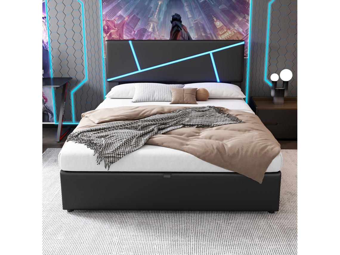 Cama Box Confortável 140x200cm Com Luz Led,cama De Casal Com Estrado E Encosto,cama Funcional Hidráulica Em Couro Sintético Preto Mega Echo Trade Shop