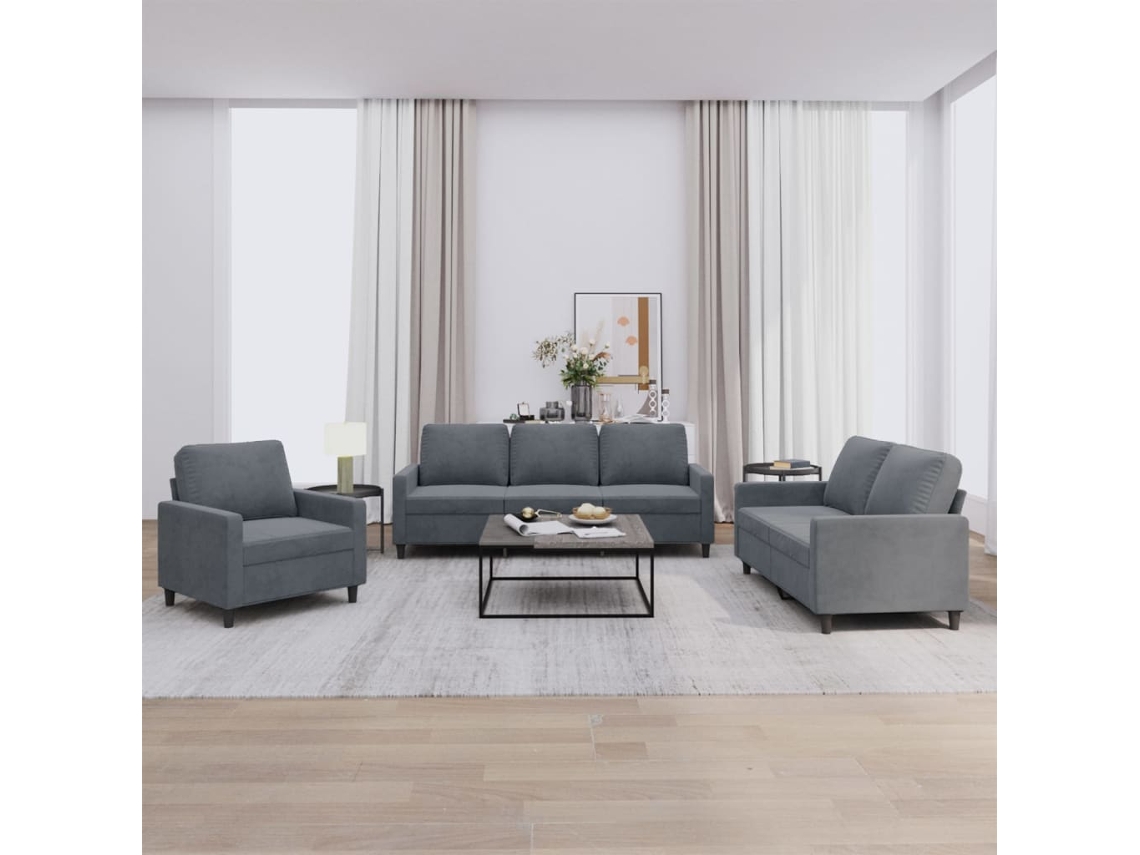 Vidaxl 3 Pcs Conjunto De Sofás Com Almofadões Veludo Cinzento-escuro