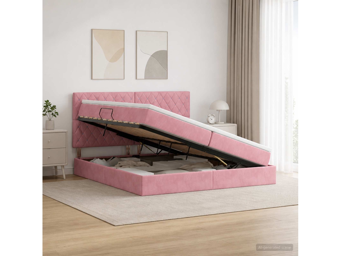 Vidaxl Cama Com Arrumação E Colchão Rosa 200 X 200 Cm Veludo