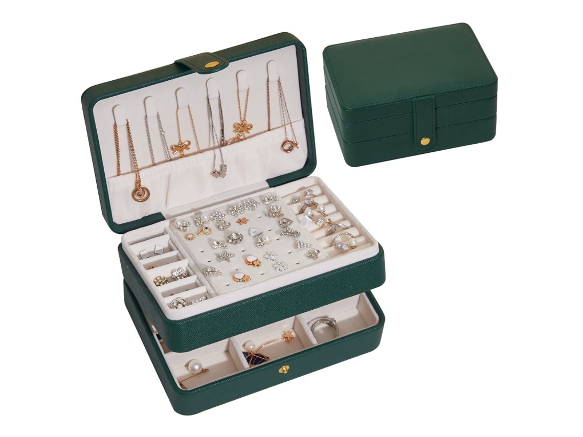 Caixa De Joias Dupla Camada Portátil Pu Verde 17×12×8 Cm Dureforward