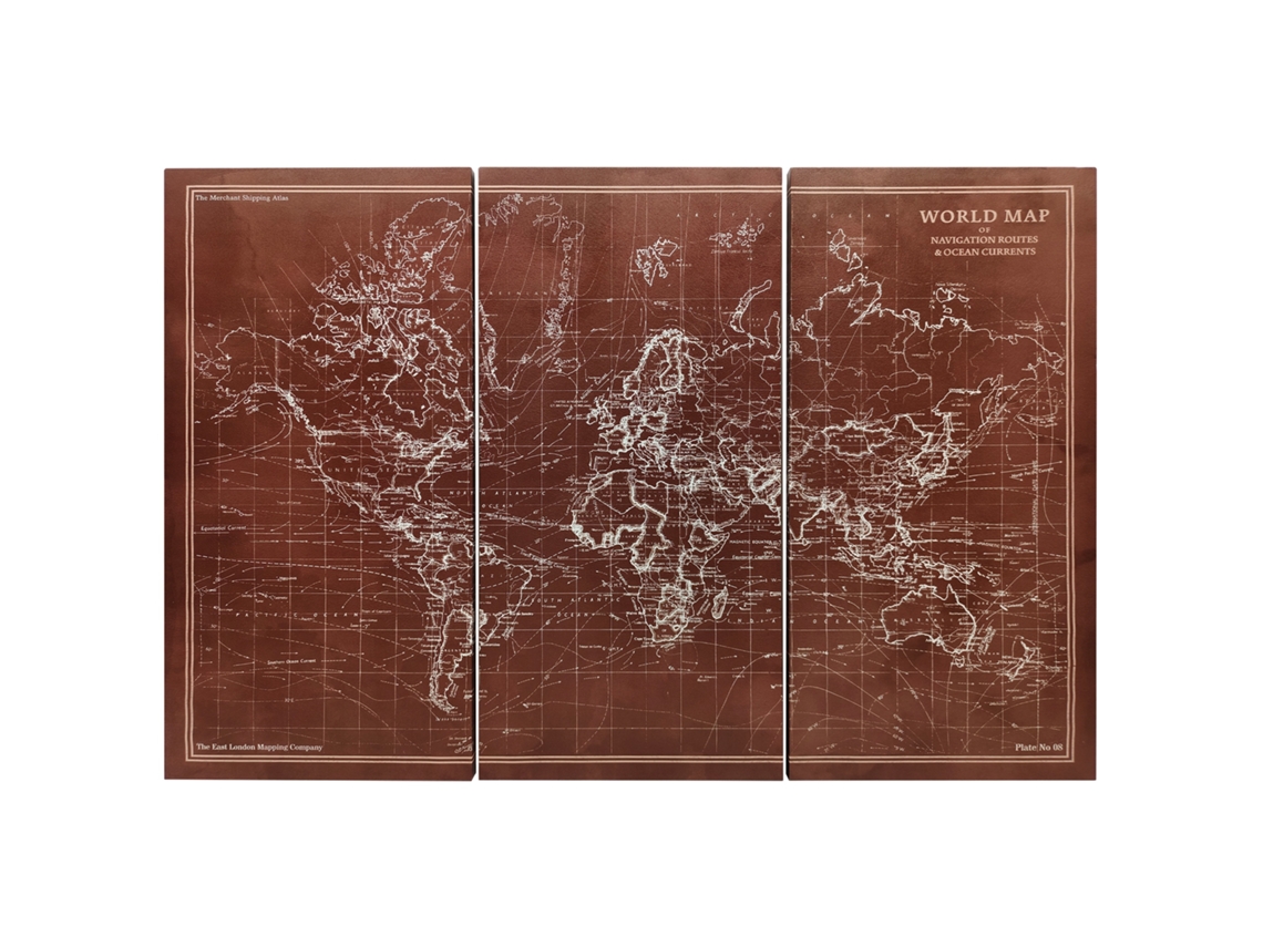Mapa Mundi Vintage Tríptico Tela 120x60cm Moldura Madeira Marrom