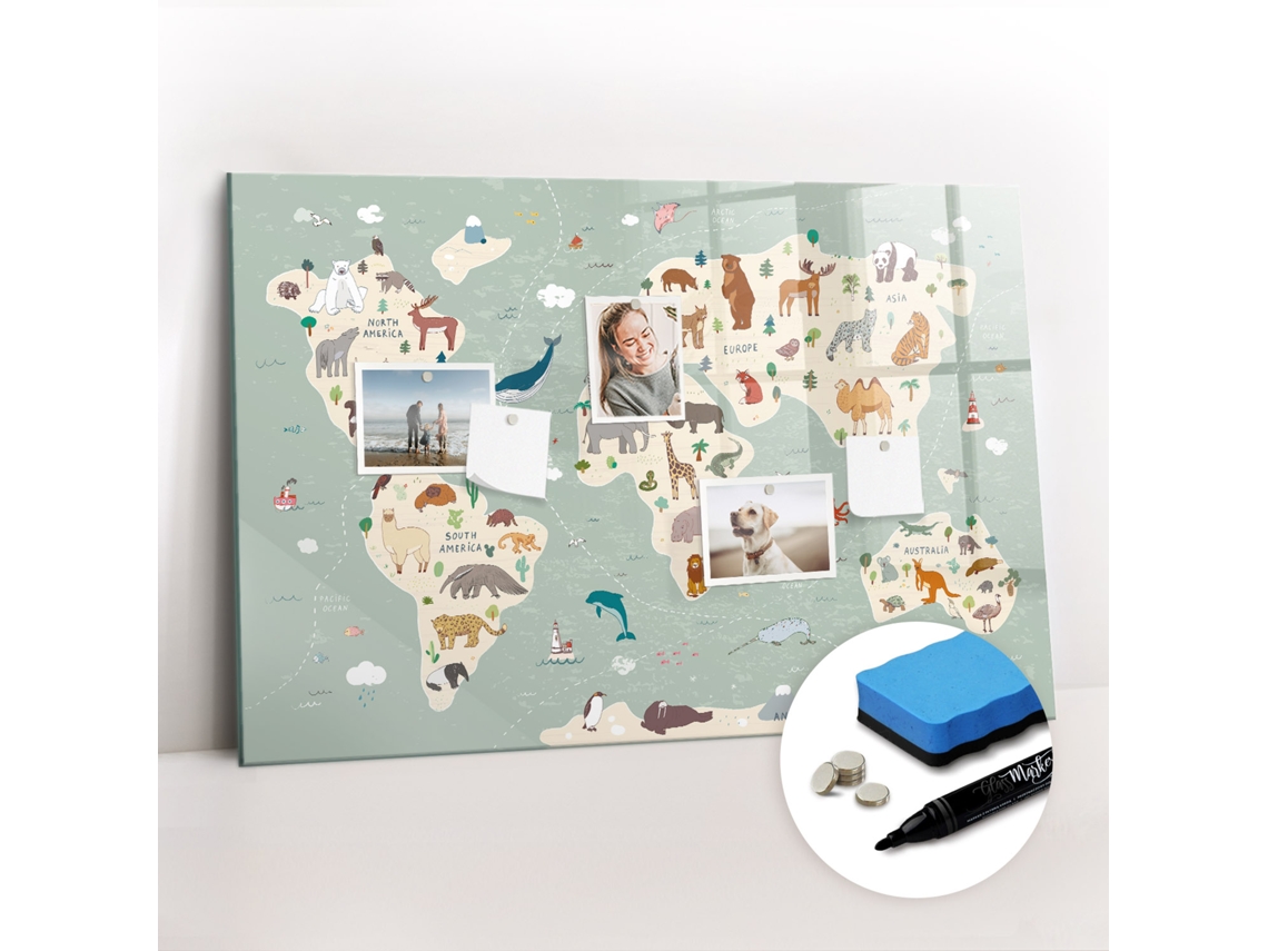 Quadro De Vidro Magnético Mapa-múndi Com Animais Para A Sala De Estar Espelharte (90x60 Cm)