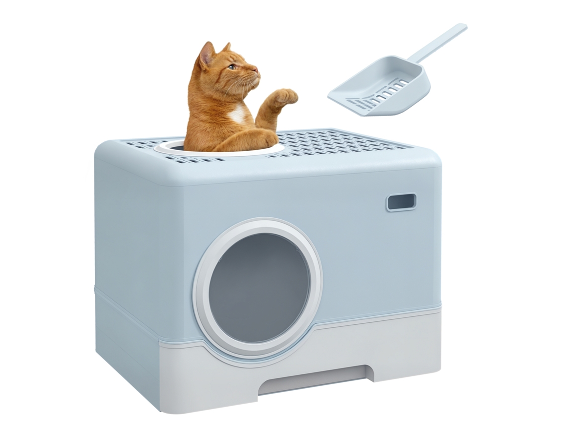 Caixa de areia para gatos com pá, bandeja removível, 2 portas, entrada frontal, saída superior, 52x41x38,5 cm, azul | S/MARCA