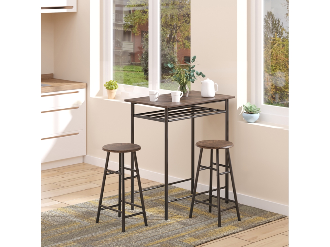 Bar Set, 3 Pieces, Table 2 Stools, Shelf, Industrial Design, Black/oak