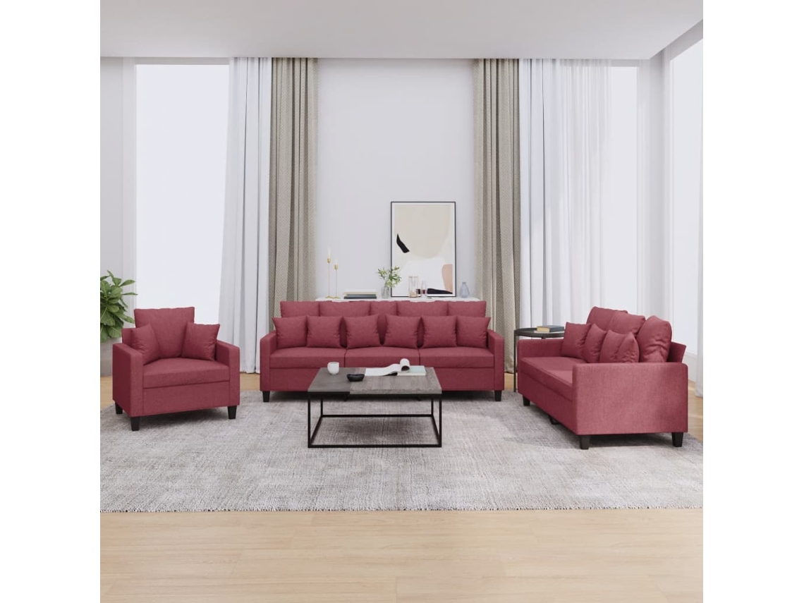 Vidaxl 3 Pcs Conjunto De Sofás Com Almofadas Tecido Vermelho-tinto