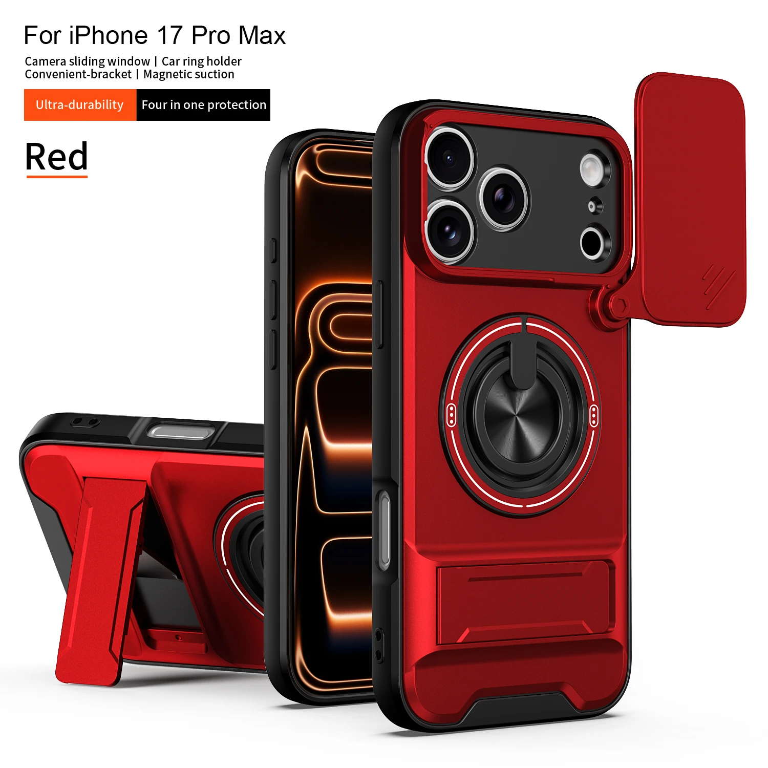 (iphone 14 Pro Vermelho) Capa Protetora Para Câmera, Com Suporte, Resistente A Impactos E Com Fecho Magnético.