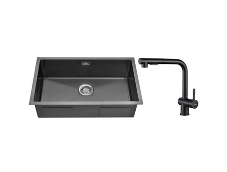 Pia de Cozinha 70X44X19 Cm Preto Undermount Pia com Torneira de Cozinha Giratória 360 com Spray Removível e Conjunto de Drenagem AURALUM MAX