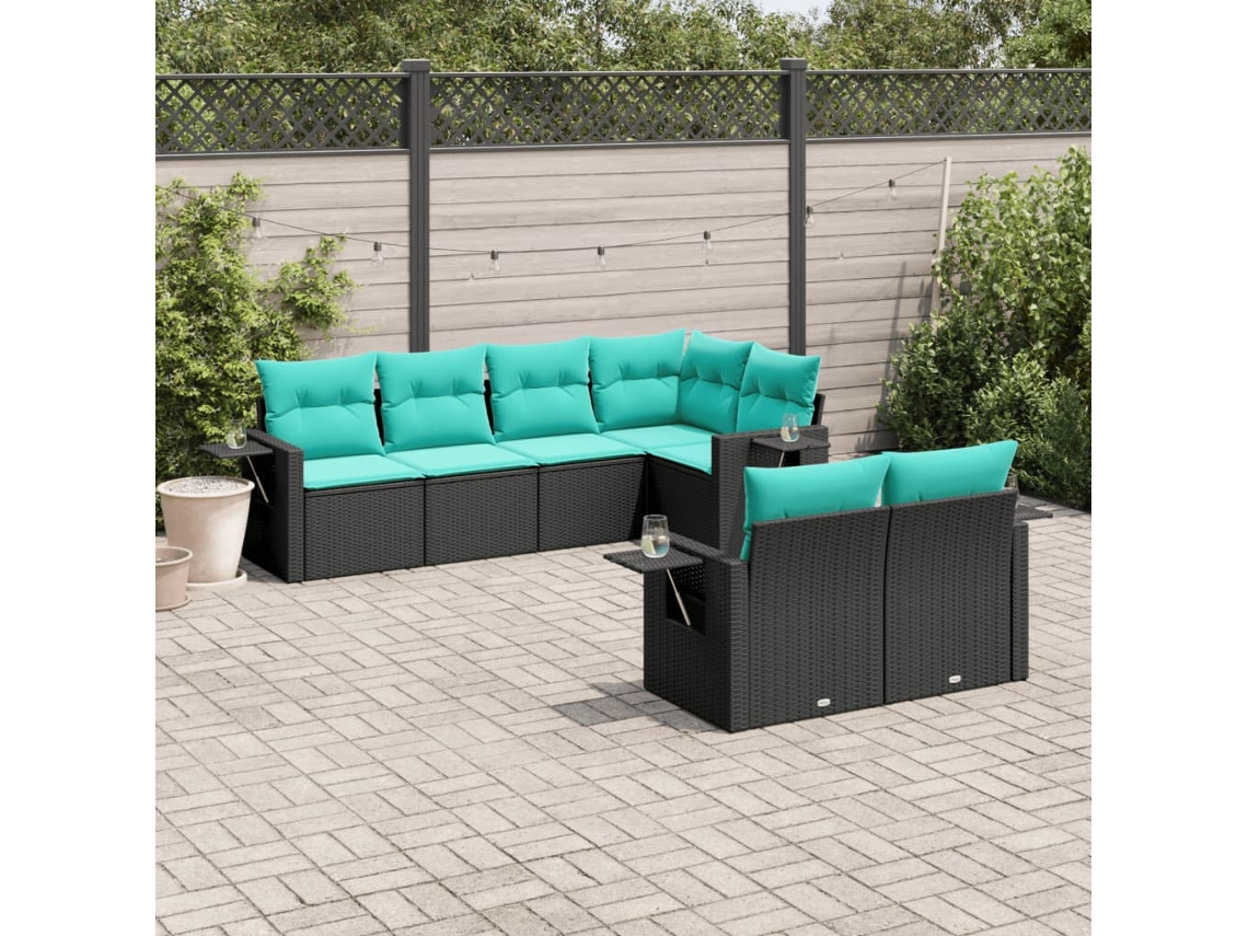 Vidaxl Conjunto De Sofá De Jardim Com 7 Peças E Almofadas Em Rattan Sintético Preto