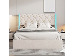 Cama De Casal Adulta 140x190 Cm Com Led, Arrumação E Estrado De Ripas, Cama Baú Estofada Em Veludo, Bege, Sem Colchão