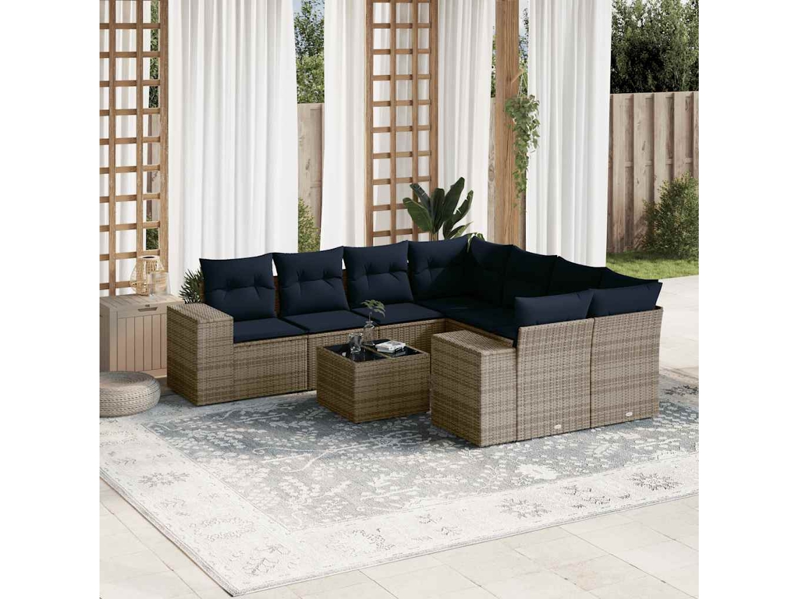 Vidaxl Conjunto De Sofá De Jardim De 9 Peças Com Almofadas Em Rattan Sintético Cinza