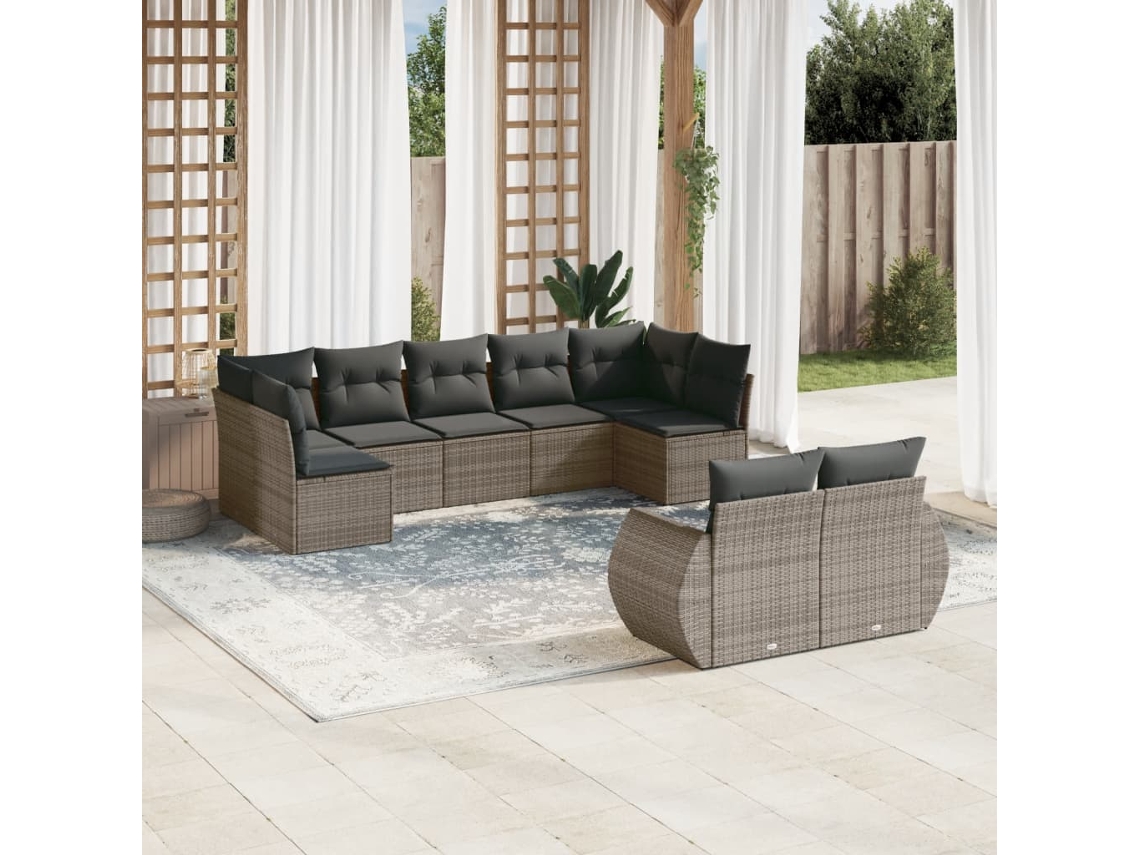 Vidaxl 9 Pcs Conjunto Sofás P/ Jardim Com Almofadões Vime Pe Cinzento