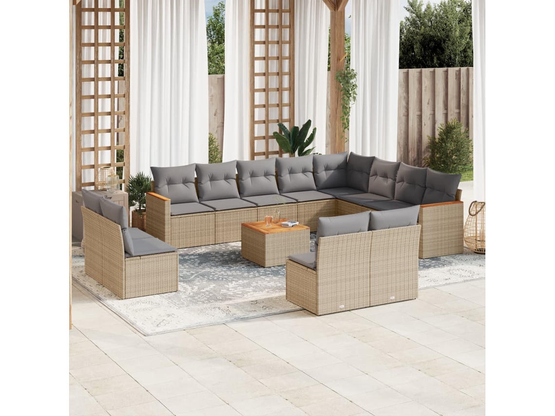 Vidaxl 13 Pcs Conj. Sofás Jardim C/ Almofadões Vime Pe Bege Misturado