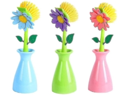 Conjunto De 3 Escovas De Cozinha, Escova De Lavar Louça Fofa Em Formato Flor Com Cabo Longo, Azul+ Verde Rosa