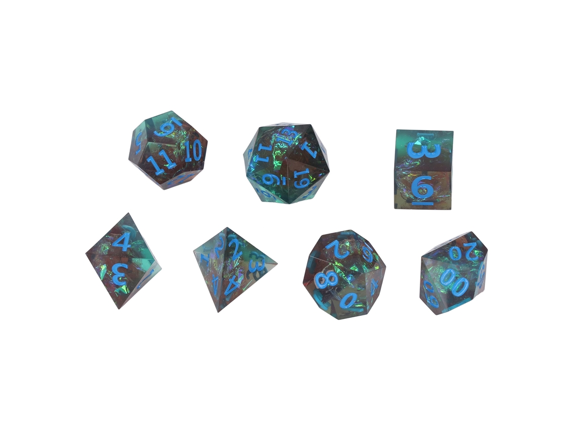 Conjunto Walshlxq de 7 dados poliédricos em resina epóxi com números claros e balanceados para jogos de mesa e RPG.