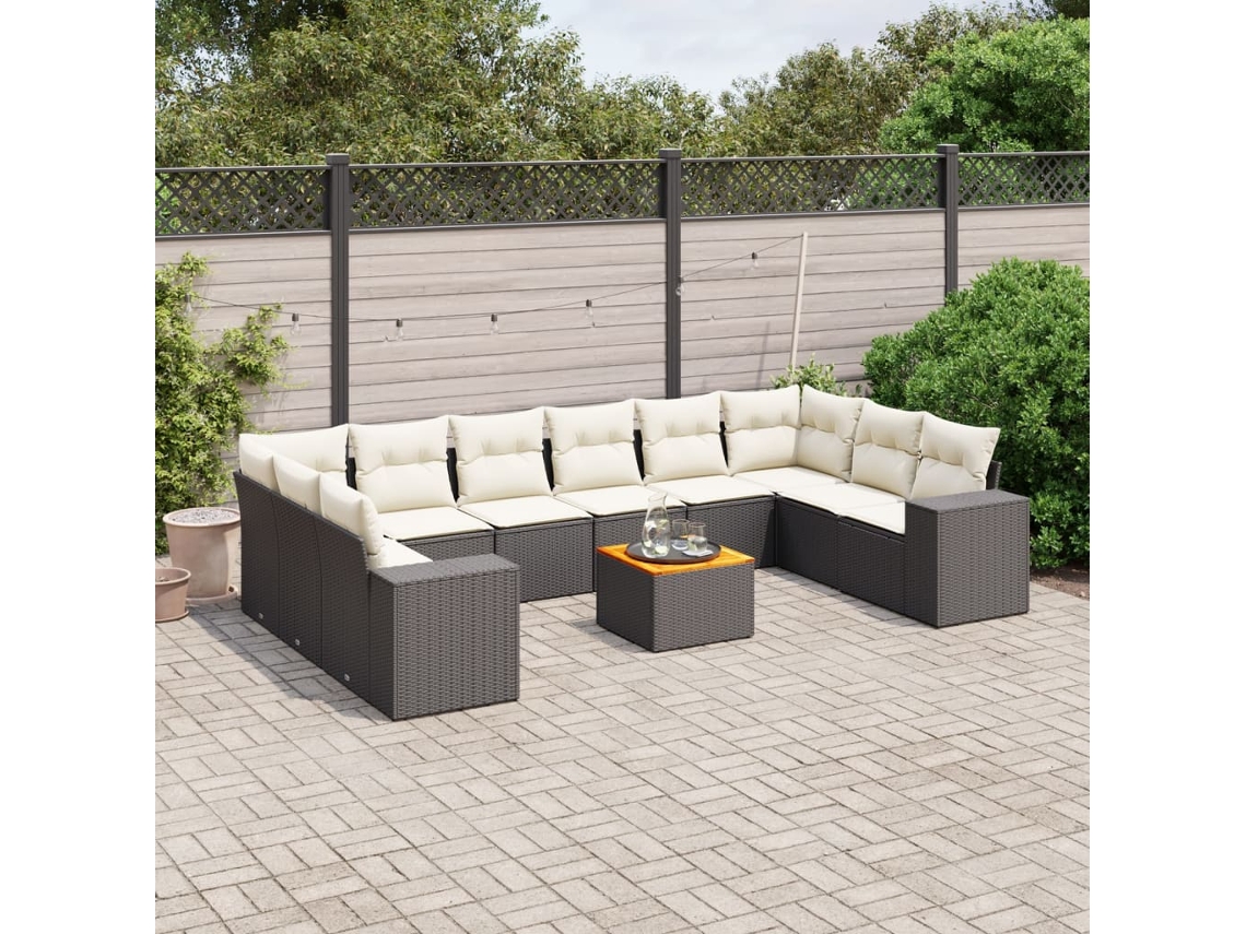 Vidaxl 11 Pcs Conjunto Sofás De Jardim C/ Almofadões Vime Pe Preto