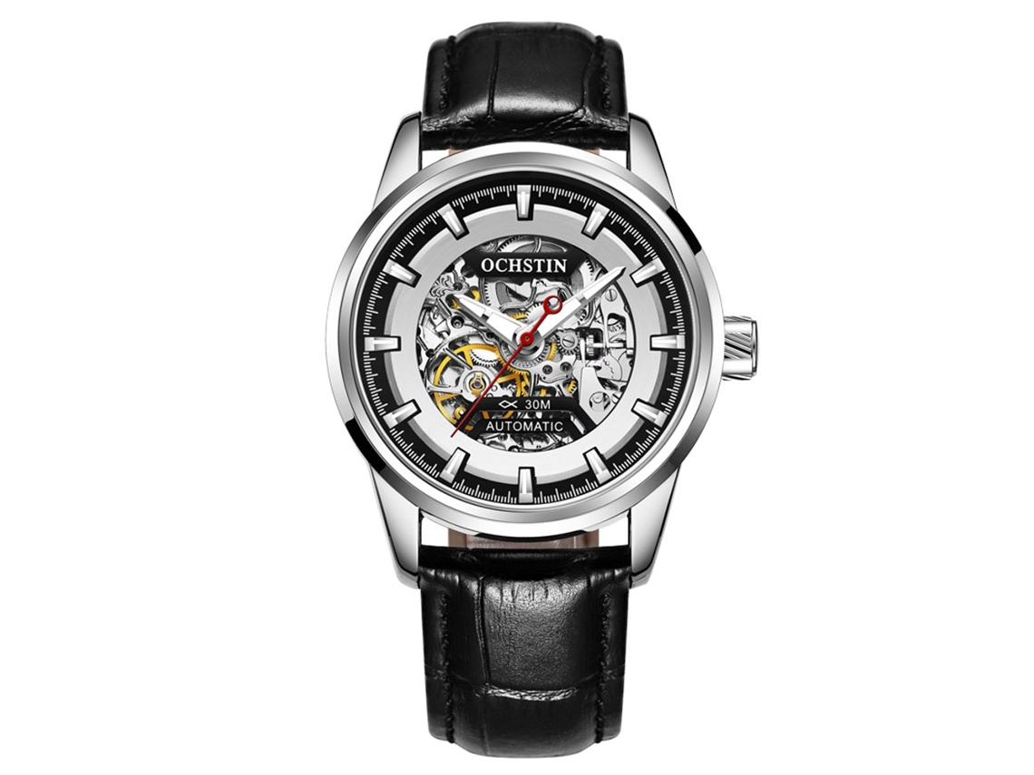 Reloj Automático Mecánico Hombre Ochstin De Cuero Verdadero Hueco Total Negro+plata