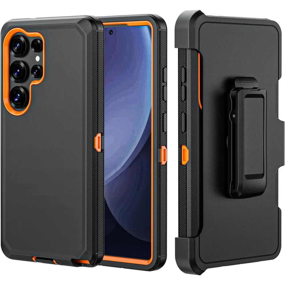 (preto/laranja, Galaxy S25 Ultra) Capa De Celular 3 Em 1 Resistente E Robusta, Capa Protetora À Prova De Choque Com Clipe