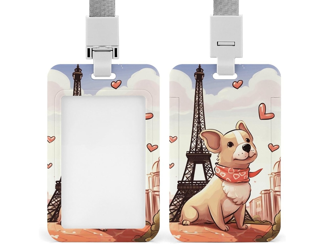 Porta Crachá Vertical Com Cordão, Estampa De Cachorro E Torre Eiffel, Ideal Trabalho, Escritório E Professores