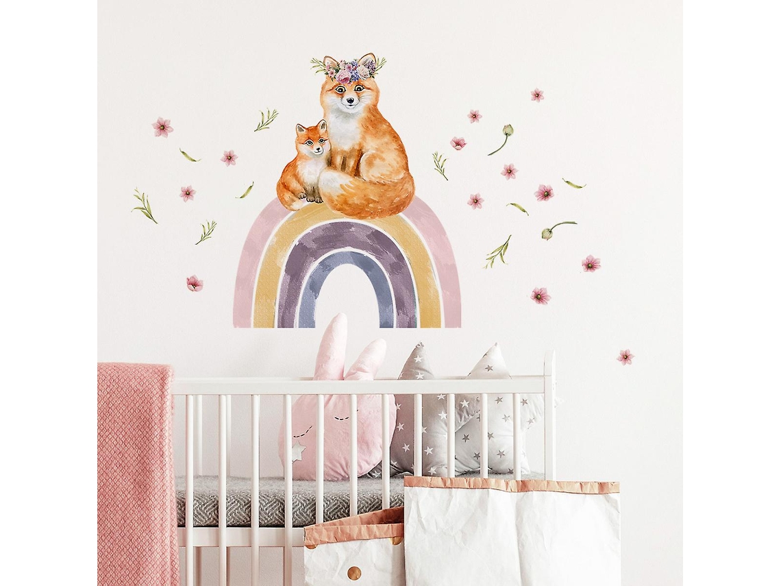 Rebe stickers de Parede de Animais Arco íris e Flores para Crianças, Decoração para Quarto, Sala, Escritório e Cozinha