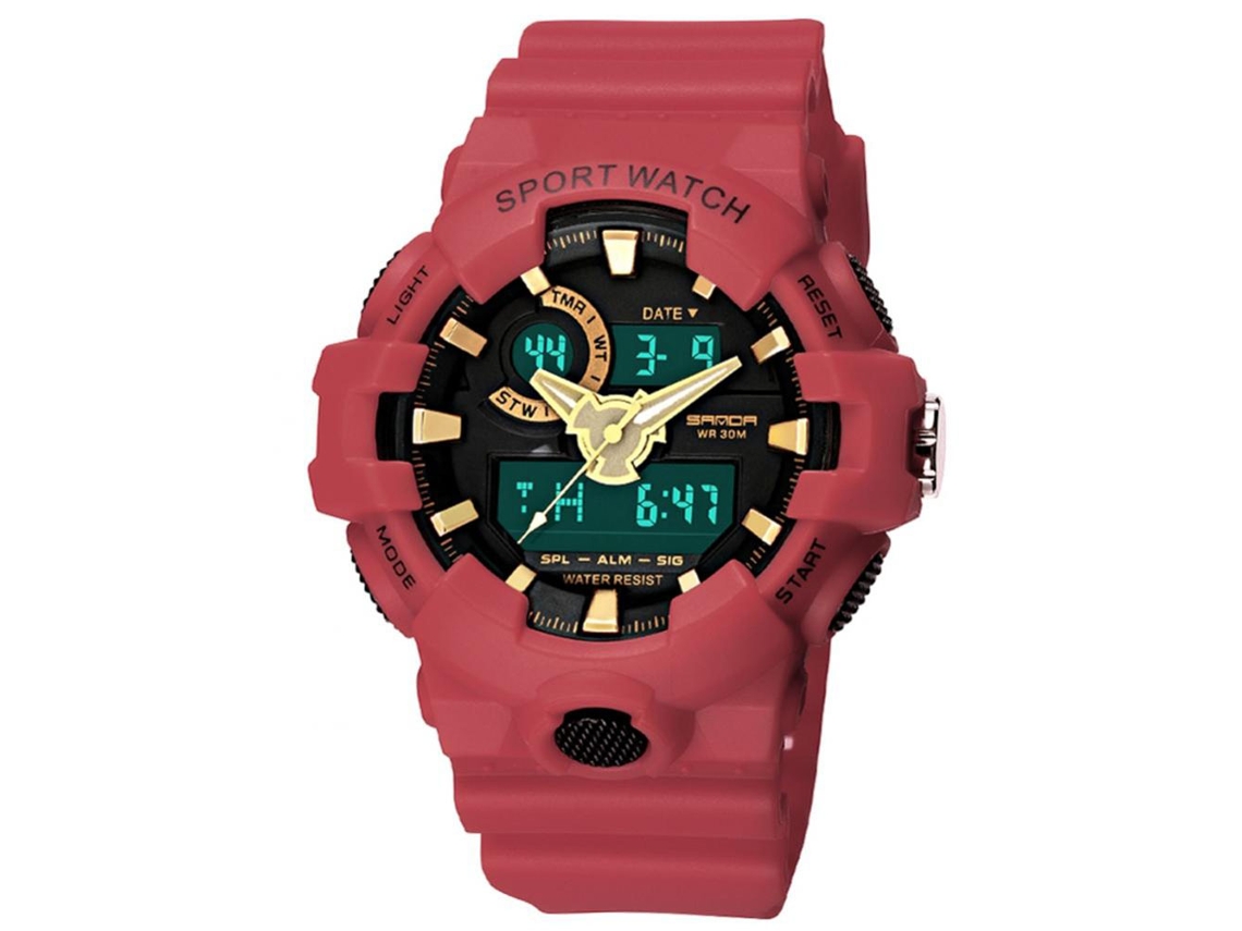 Relógio eletrônico multifuncional Sanda, à prova d'água, com visor duplo, esportivo, vermelho.