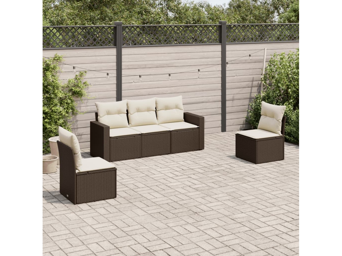 Vidaxl 5 Pcs Conjunto Sofás P/ Jardim C/ Almofadões Vime Pe Castanho