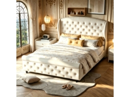 Cama 140x200, Cama de Casal, para Adultos, 2 Pessoas, Cama Estofada com Cabeceira, Veludo, Bege, Colchão Não Incluído, Mdf SIMURQ