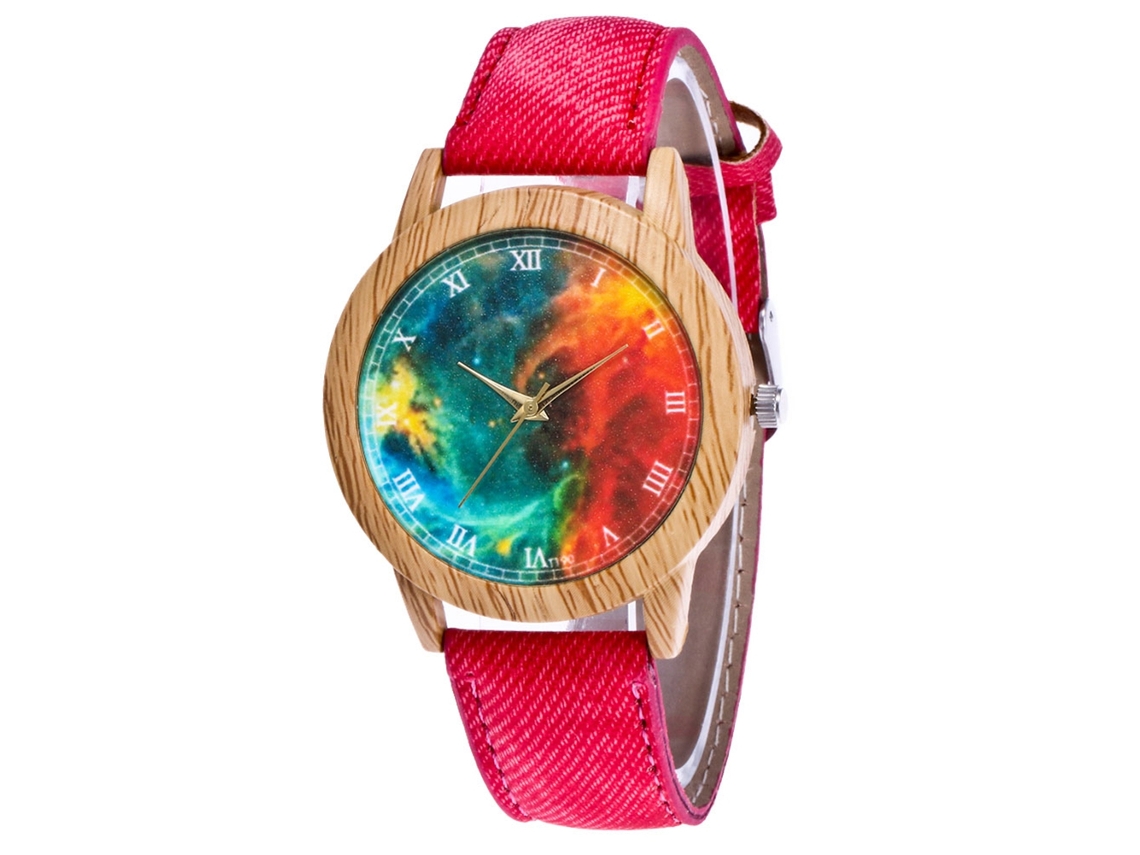 Relógio de casal Zhoulianfa Colorful Nebula, em lona vermelha, com mecanismo de quartzo.