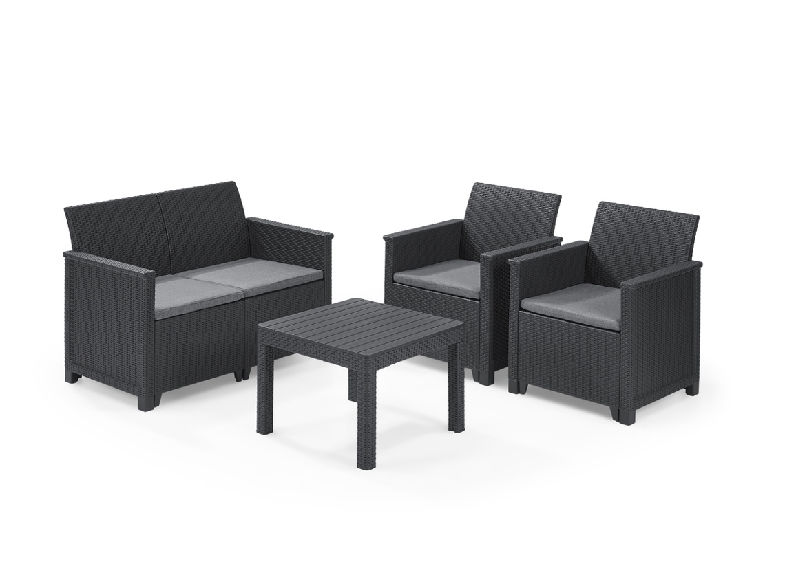KETER Conjunto jardim terraço EMMA sofa + poltronas + mesa com almofadas grafite LxPxA cm Mesa 58.5x58.5x43; Cadeiras 63x65x74 ; Sofa 113x65x74