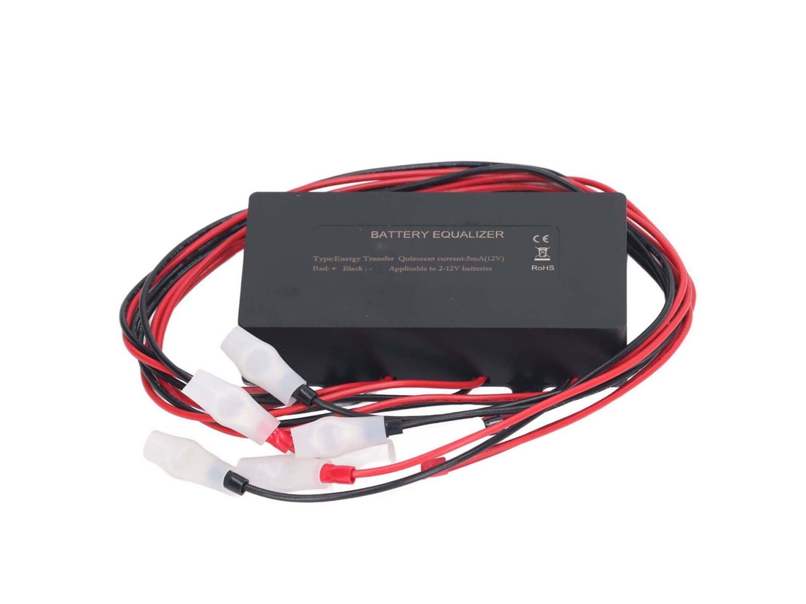 Balanceador automático de baterias de 48 V com proteção contra inversão de polaridade e desconexão por baixa tensão.