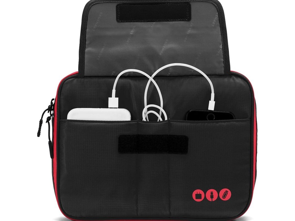 Bolsa Organizadora Universal para Acessórios Eletrônicos, Ideal para Viagens, nas Cores Preto e Vermelho BRILVIBERA