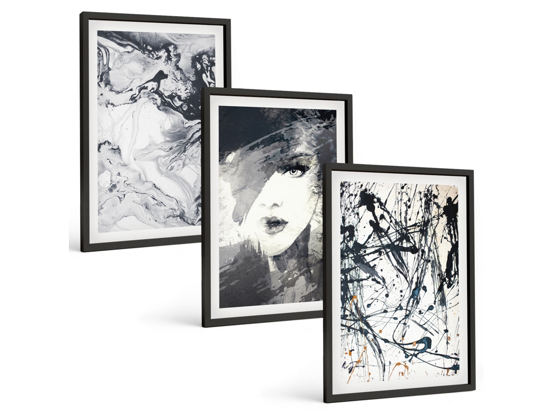 Conjunto De Pinturas Padrões Abstratos Em Preto E Branco Espelharte (3 Peças 40x60 Cm)