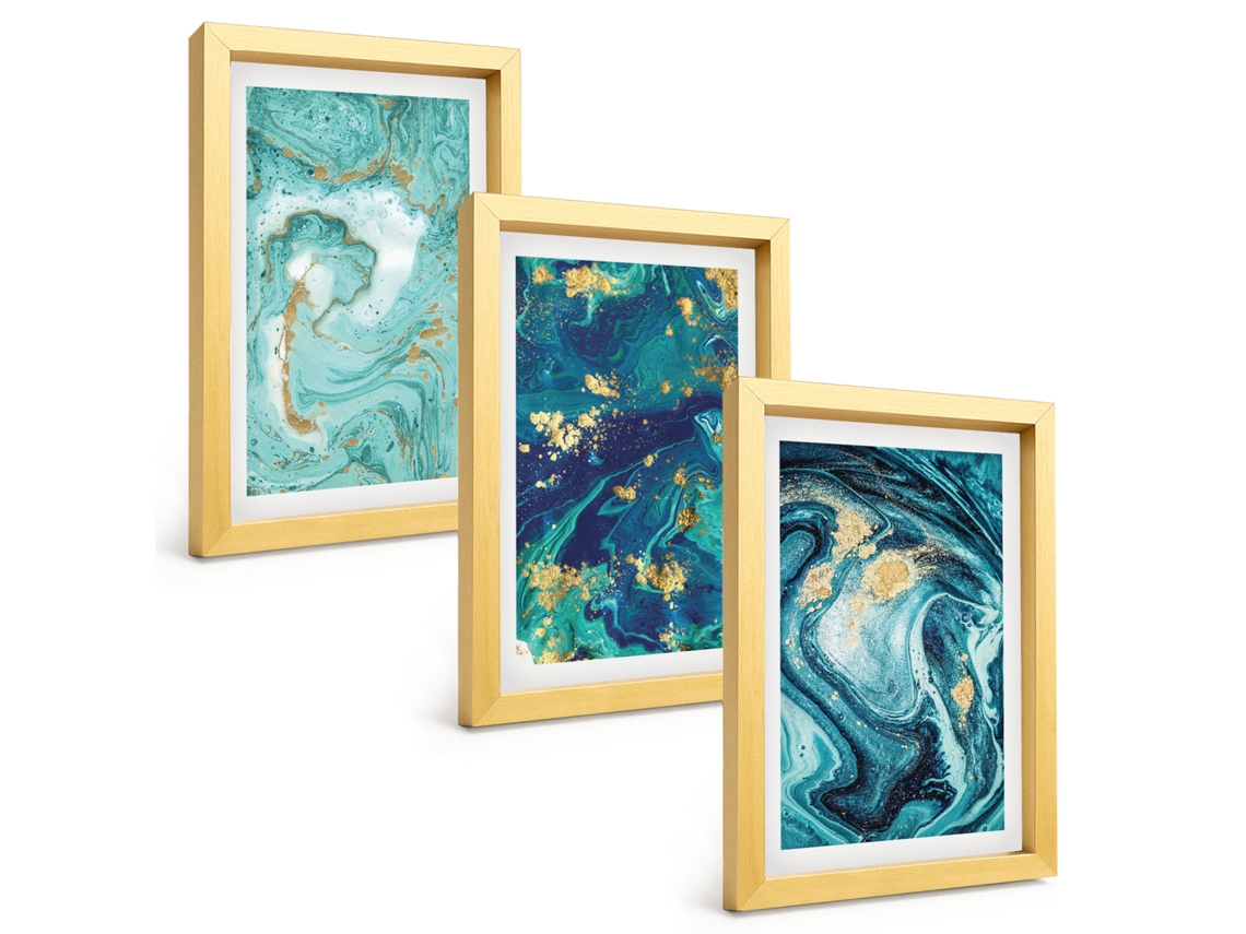Pinturas Murais Modernastinta Turquesa Abstração Moldura Dourada Fotos Para O Corredor Espelharte (3 Peças 20x30 Cm)
