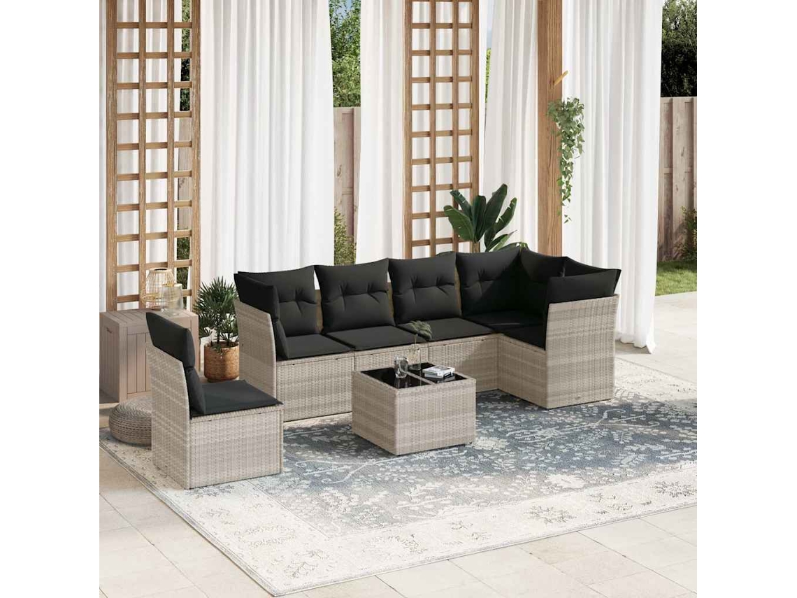 Vidaxl 7 Pcs Conj. Sofás Jardim Com Almofadões Vime Pe Cinzento-claro
