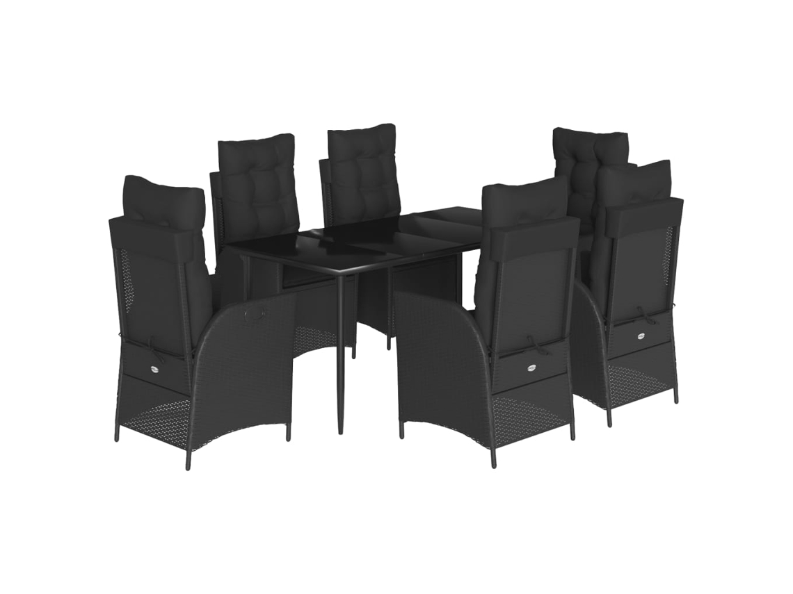 Conjunto 7 de jantar p/ jardim c/ almofadões VIDAXL vime PE preto