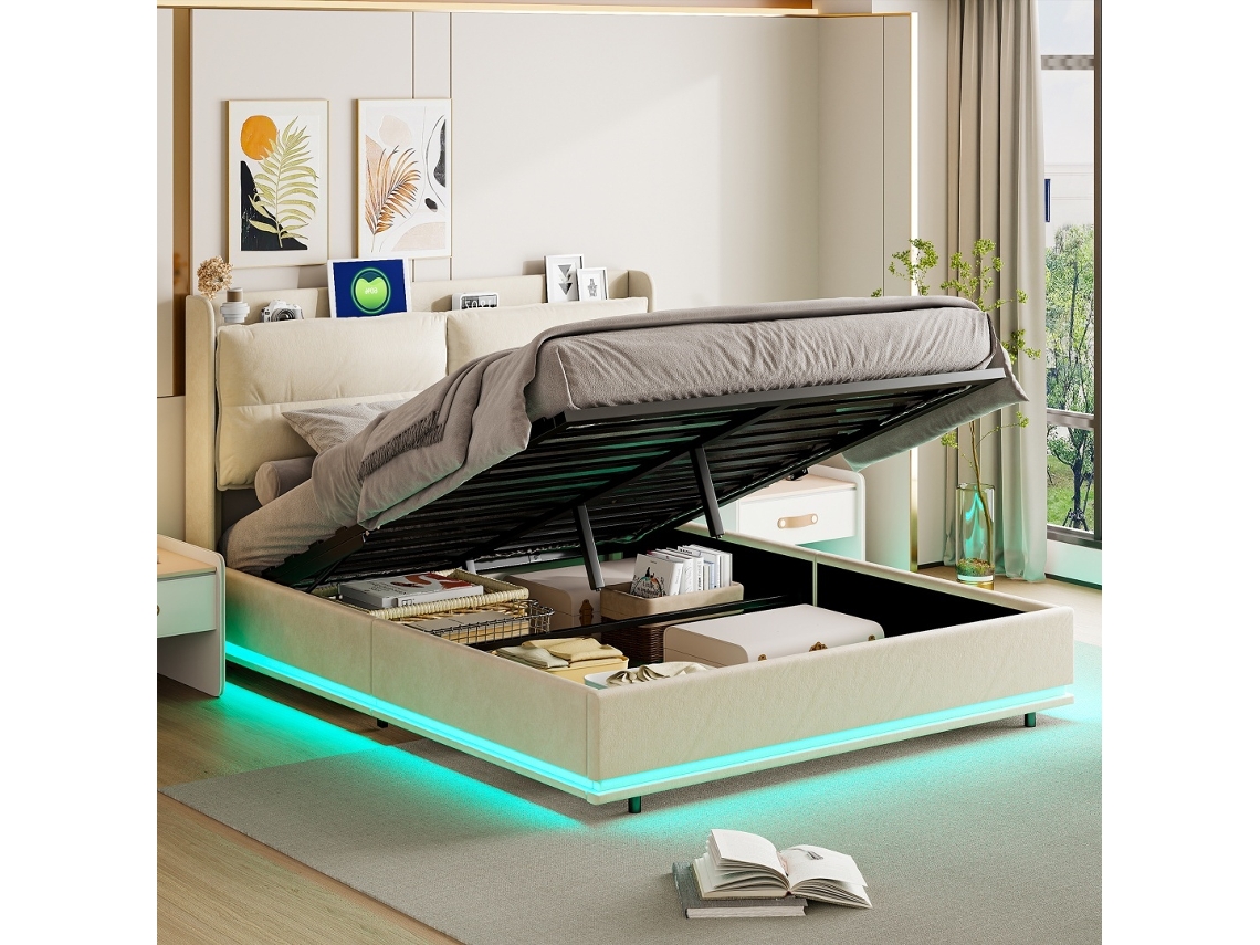 Cama Estofada 140x200cm Veludo Creme com Zíper, Led, USB, Sem Colchão BURSDANY