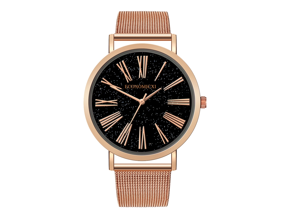 Relógio de Pulso Masculino de Quartzo com Malha de Liga e Números Romanos Dourado Rose
