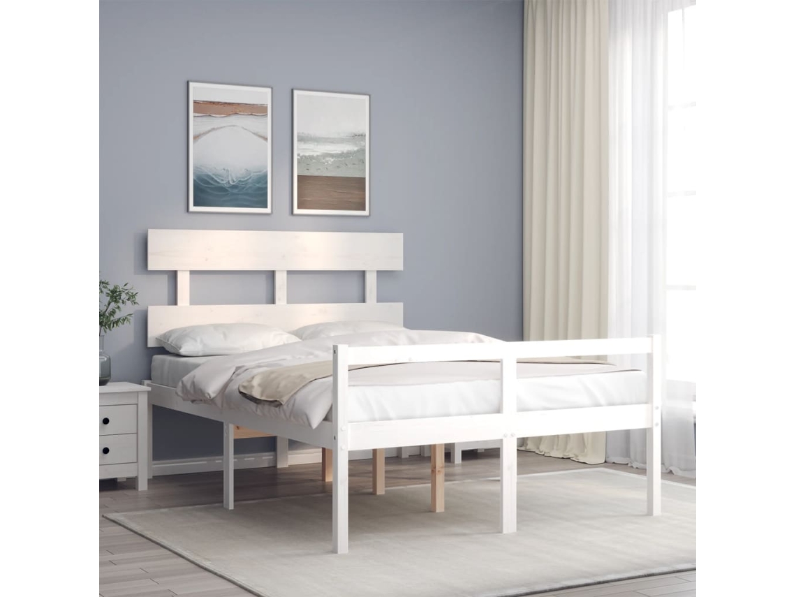Vidaxl Cama De Casal Para Idosos C/ Cabeceira Madeira Maciça Branco