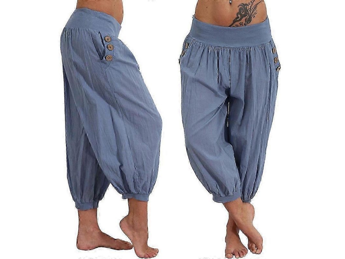 Pantalones Largos De Lino Y Algodón Para Mujer Verano Casual Amplios Talla Grande Cómodos Azul Claro 3xl