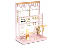 Suporte De Bijuterias 6 Níveis 15 Pontas Metal E Madeira Natural 20x12x34cm Rosa E Marrom