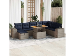Vidaxl 9 Pcs Conjunto Sofás Jardim Almofadões Vime Pe/acácia Cinzento