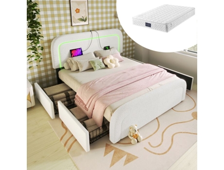 Estrutura De Cama Com Função De Carregamento Usb Tipo C, Iluminação Led E 4 Gavetas, Cama De Casal, Estofada, 160x200 Cm, (com Colchão)