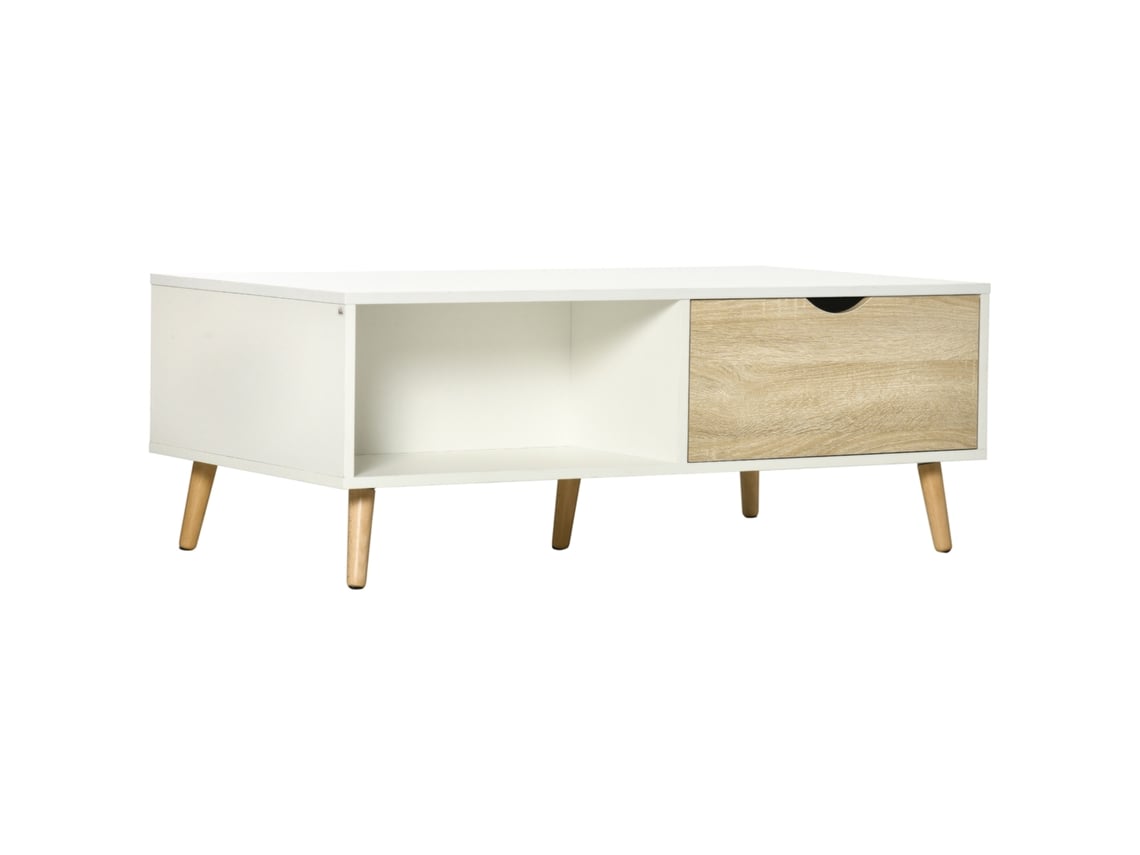Mesa de Centro Melamina de Madeira e Madeira de Faia Cor Branco e Madeira 106x58x39,5cm Homcom