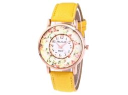 Relógio feminino moderno com mostrador redondo, mecanismo de quartzo e pulseira de couro PU, na cor amarela.