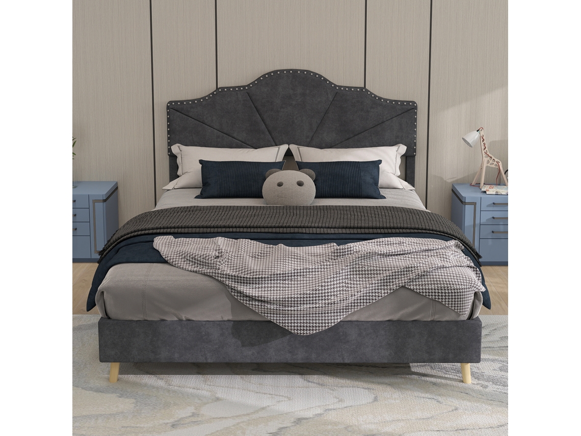 Cama Casal Cinza 160x200cm Estofada, Cabeceira Macia, Caixa Baixa (s/ Colchão). -op