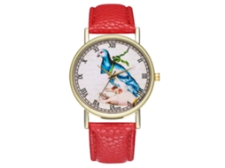 Relógio feminino de quartzo com pulseira de couro e mostrador clássico vermelho com desenho de ave de rapina.