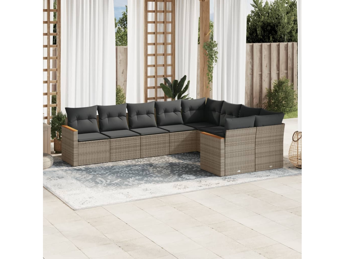 Vidaxl 9 Pcs Conjunto Sofás P/ Jardim Com Almofadões Vime Pe Cinzento