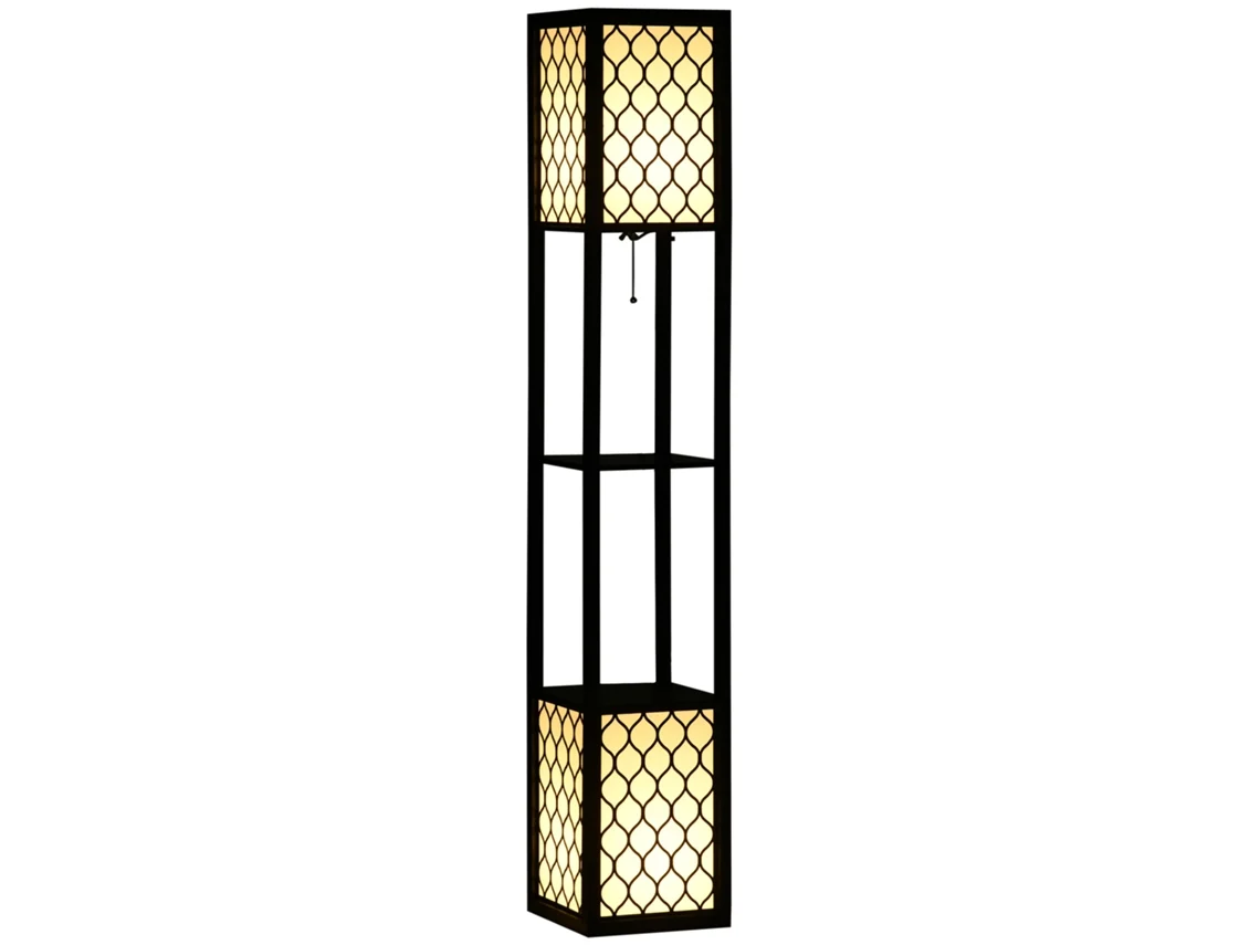 Luminária De Chão Com Prateleira, 2 Lâmpadas, 2 Prateleiras, 4 Níveis, Mdf Preto, Padrão Colmeia, 26 X 26 X 156 Cm, Preta