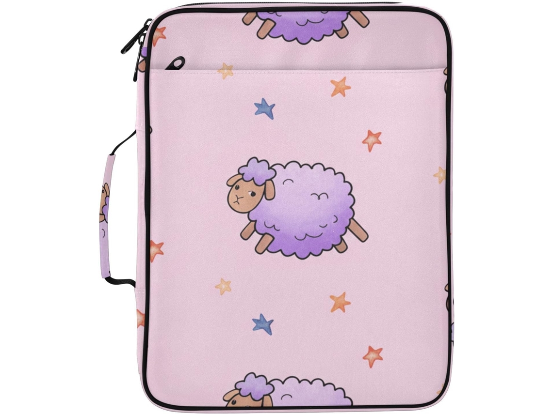 Pasta Organizadora Expansível Rosa Com Estampa De Ovelha Roxa Fofa, 7 Bolsos, Fichário De 3 Argolas E Fechamento Em